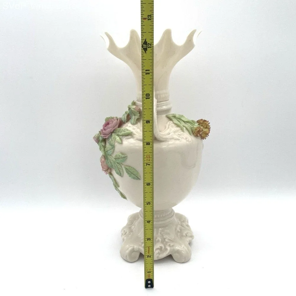 Belleek Ireland Parian China Vase Encrusted 3D Floral Roses 12.5
